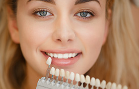 Woman's smile compared with porcelain veneers color chart