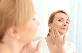 woman looking closely at her face in the mirror