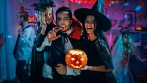 Family dressed in Halloween costumes